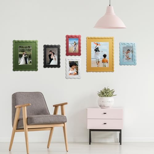 THKRLOF 4x6 Picture Frame with Mat for 3.5x5, Wavy Edge Wooden Real Glass Photo Frame for Tabletop and Wall Hanging, Blac...