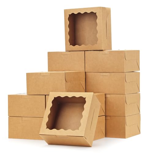 Moretoes 15pcs Cookie Boxes with Window, 6x6x3in Brown Bakery Boxes for Treats, Small Cake, Desserts, Donuts, Pastry