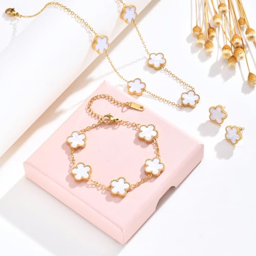 Gold Necklaces Bracelets Earring Set - 18K Gold Plated Flower Bracelet Chain,Stainless Steel Non Tarnish Floral Pendant St...