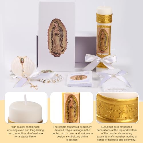 Baptism Candle Set for Boys and Girls,5 PCS Baptism Kit Virgen De Guadalupe Catholic Candle,Towel,Shell,Rosary,Bible for B...