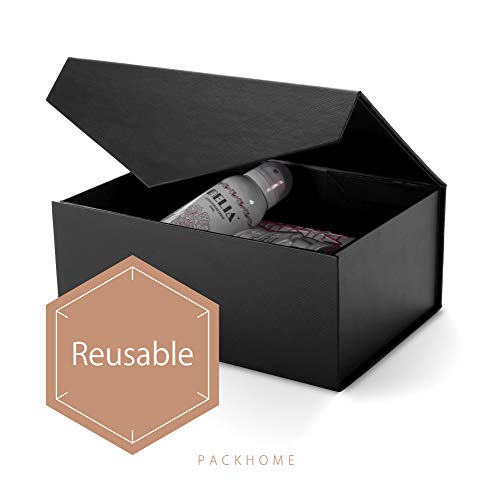 PACKHOME Gift Box 9x6.5x3.8 Inches, Rectangle Collapsible Box with Magnetic Lid for Gift Packaging (Matte Black, Grain Tex...