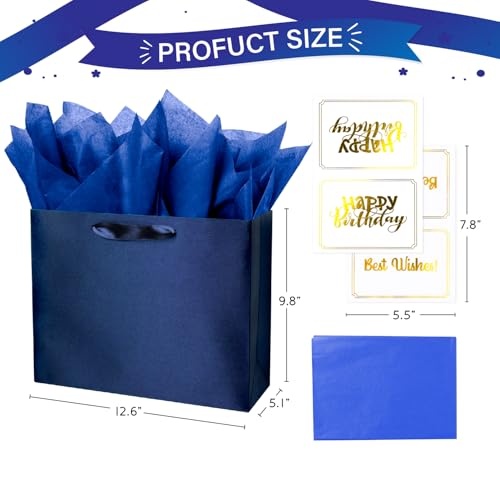 Linelglobal Blue Gift Bag with Tissue Paper Solid Color Silky for Women Men Boutique, Birthday, Fathers Day, Anniversary, ...