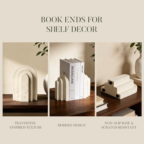 Havmorph Book Ends for Heavy Books, Beige Modern Pleasing Layered Arch Design Aesthetic Bookend Decorative, Concrete Book ...