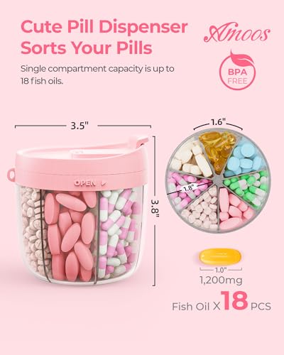 AMOOS Cute Pill Dispenser with 7 Compartments, Pill Bottle Organizer with Anti-Mix Design, Portable Pill Organizer for Tra...