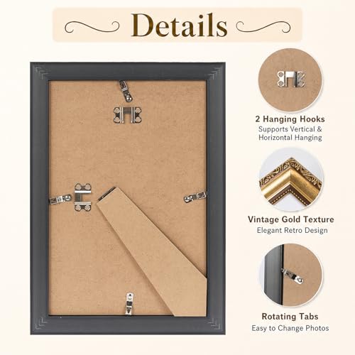 JCJMY 8.5x11 Vintage Picture Frame with 6x8 Mat, Elegant Retro 8.5 by 11 Photo Frame with Shatter-Resistant Plexiglass for...