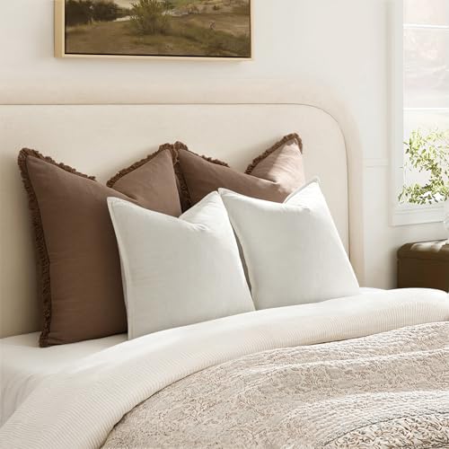ANRODUO Pack of 2 Decorative Linen Pillow Covers Cream White Neutral Farmhouse Boho Soild Cushion Case Soft Accent Pillowc...