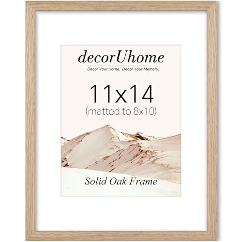 decorUhome Solid Oak Wood 11x14 Picture Frame, Display Pictures 8x10 with Mat or 11x14 without Mat, Wall Mounting Photo Fr...