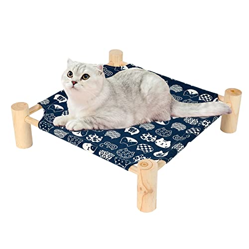 Patas Lague Pet Bed, Small, Elevated Cooling Hammock Bed, Wood, 19x19x5 inches, 20 lbs, Blue Cat, Indoor/Outdoor, Square, ...