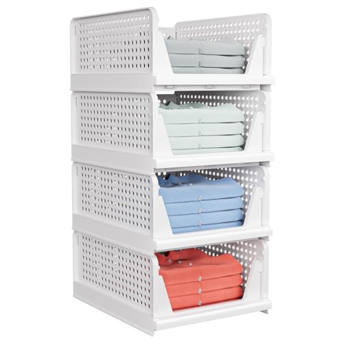 4 Pack Stackable Closet Storage Basket - Stackable Storage Bins, Multifunctional & Foldable Closet Organizer Divided, Ward...