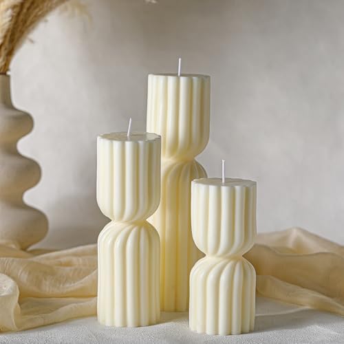 Conelist Ribbed Pillar Candles Set of 3 Width 2.4" High 5.5" 7" 9" Handmade Scented Soy Wax Candle Natural Aesthetic Candl...