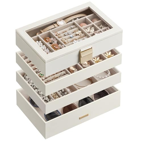 SONGMICS Stackable Jewelry Trays, 4-Tier Jewelry Box, Drawer Jewelry Organizer, with Glass Lid, Removable Dividers, for Va...
