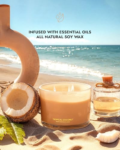 96NORTH Luxury Coconut Soy Candle | Large 3 Wick Jar Candle | Up to 50 Hours Burning Time | Tropical Beach Scented Candles...