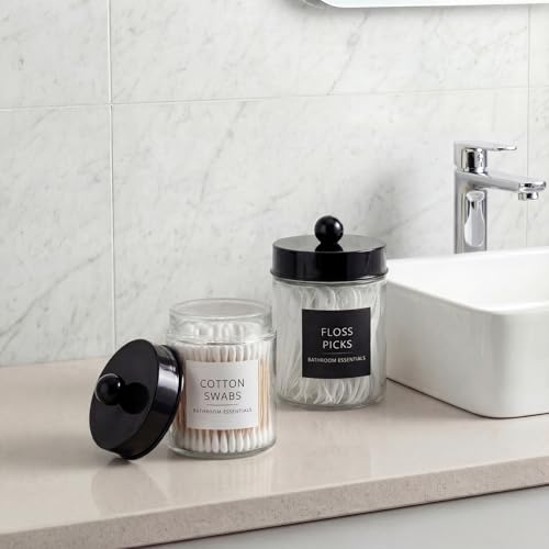 Amolliar 2 Pack Qtips Dispenser Holder - Bathroom Countertop Storage Organizer Containers - Glass Apothecary Jars with Bla...