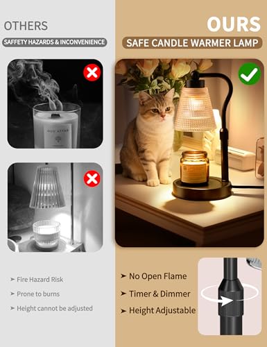 Candle Warmer Lamp for Jar Candles, Height Adjustable & Dimmable with 2/4/8H Timer, 2*50W Halogen Wax Melter Warmer for Ho...