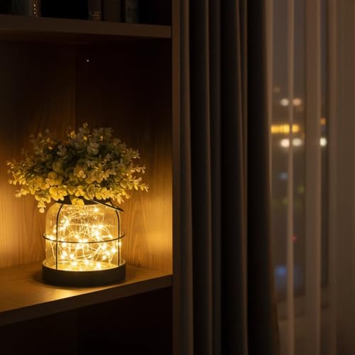 Dnnnii Vintage Glass Farmhouse Vase - Handmade Rustic Lantern Planter with Bonus Artificial Flowers & LED Lights (Home Dec...