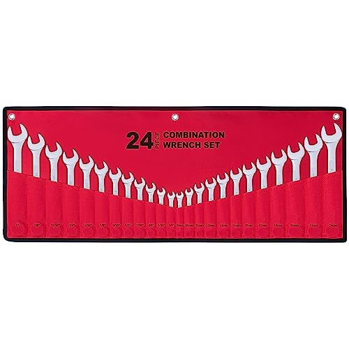 24-Piece All-Purpose Master Combination Wrench Set with Roll-up Pouch | SAE 1/4” to 1”, Metric 8mm to 24mm | Perfect for G...