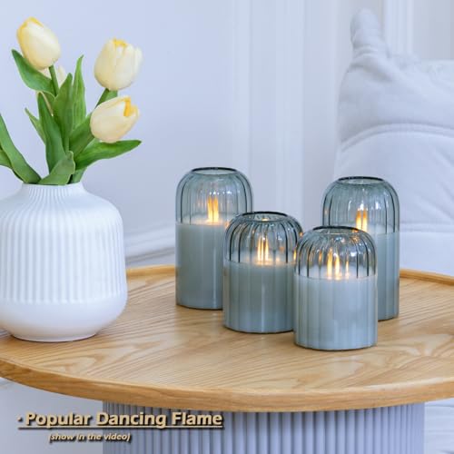 Lezonic Glass Flameless Candles Battery Operated with Remote, Dancing Flame LED Flickering Pillar Candles, Set of 4 Real W...
