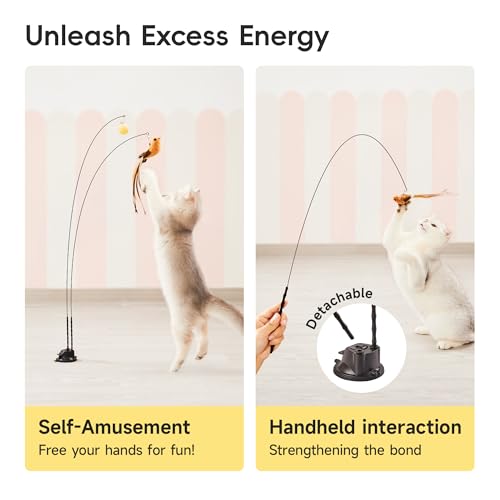 Potaroma Suction Cup Cat Wand Toys, Dual-Wand Interactive Kitten Toy for Indoor Cats with 5 Pcs Feathers Balls Attachment...
