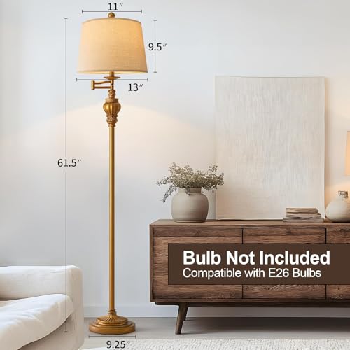 G-SAFAVA 61" Vintage Floor Lamp with 350° Adjustable Swing Arm, Gold Standing Lamp for Bedroom Living Room Nightstand Beds...