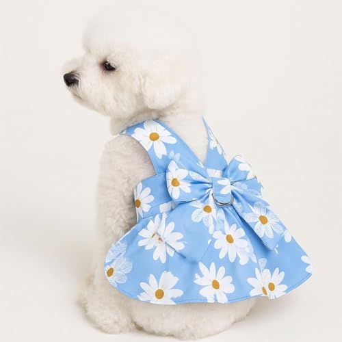 Small Dog Harness Dress Bow Female Dog Clothes Print Flower Girl Dog Harness Dresses Puppy Outfits with Leash Set Summer C...