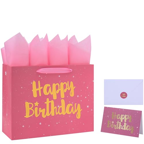 13" Large Pink Gift Bag Set with Greeting Card and Tissue Papers (Stars and Gold Foil ‘Happy Birthday’) for Women's Party,...