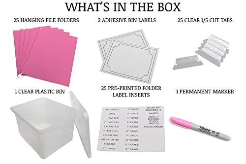 Kid's Craft Memory Keepsake Organizer Box - Clear Storage Latching Bin with Hanging File Folders and Custom Tab Inserts (P...