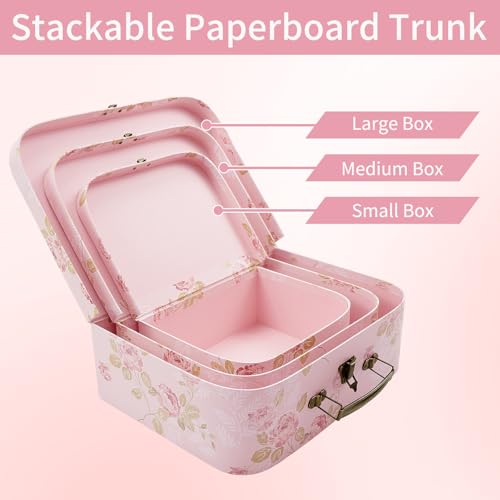 Cheardia 3 Pack Paperboard Suitcases Storage Box, Decorative Storage Boxes Gift Boxe With Lid, Stackable Cardboard Trunk f...