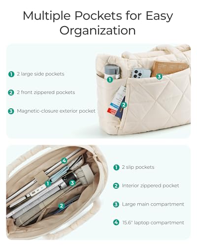 BAGSMART Tote Bag for Women, Puffer Tote Bag with Zipper, Large Quilted Shoulder Bag with Compartments for Travel, Work, Gym