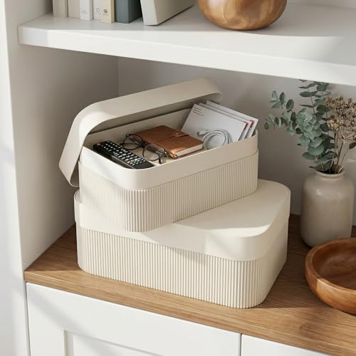 Decorative Storage Boxes with Lids – Set of 2 Beautiful Fluted Cardboard Organizer Bins for Your Home Bookshelf Decor to S...