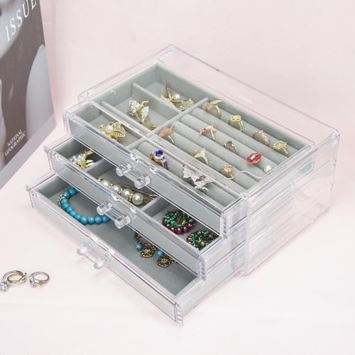 Weiai Acrylic Jewelry Box 3 Drawers, Velvet Jewellery Organizer, Earring Rings Necklaces Bracelets Display Case Gift for W...
