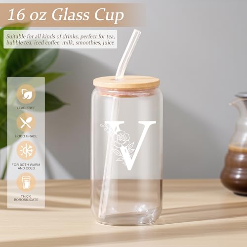 Personalized Gifts for Women, Monogrammed Gifts for Women, Initial 16 oz Glass Cups With Lids and Straws, Customized Mug, ...