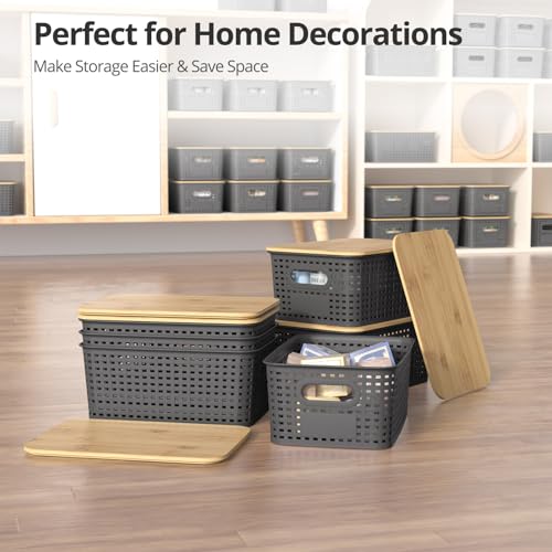 ZFTMRR Plastic Storage Baskets with Bamboo Lids, Stackable Small Box Bins for Organizing and Containers for Shelves Drawer...