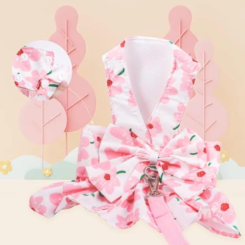 Dog Dress Bowknot Harness Leash Set for Small Girl Dogs Pink Floral Dog Cat Clothes Cute Puppy Outfits Pet Clothes Spring ...