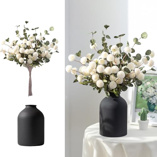 BLOSMON Fake Flowers in Vase for Centerpieces: Metal Vase with 12 Stems of Artificial Mums Kiku Flowers Eucalyptuses Dinin...