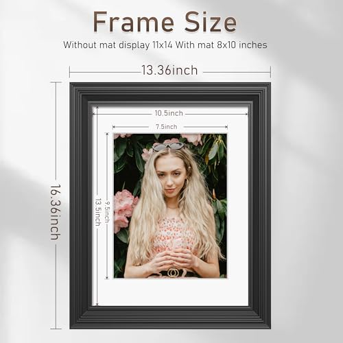 Tinkeps 11x14 Black Picture Frame - Real Glass, Classic Thick Frame Display Pictures 8x10 with Mat or 11 x 14 without Mat,...