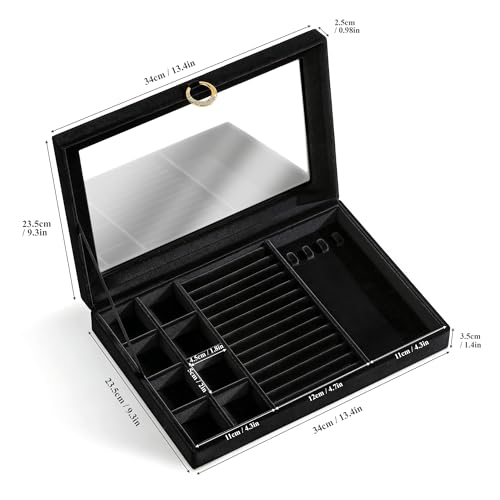 bussdis Glass Lid Jewelry Organizer Box – Black Velvet Jewelry Case with Ring Slots, Necklace Hooks & Removable Compartmen...