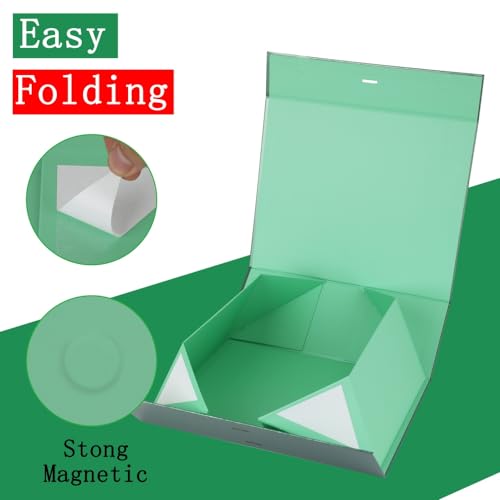 BoxSkivra Green Gift Box with Ribbon 1 Pack 6X6X3 Inch Small Gift Box with Lid Magnetic Closure Rectangle Collapsible Luxu...