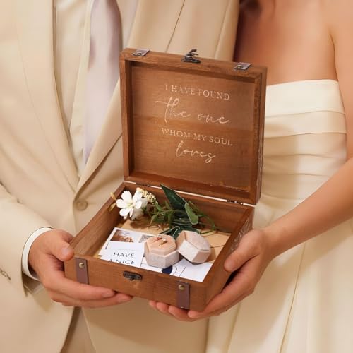 Teecyhooo Wedding Keepsake Box for Couples Mr and Mrs Wooden Memory Storage Boxes PU Leather Studs Rustic for Bride Groom ...