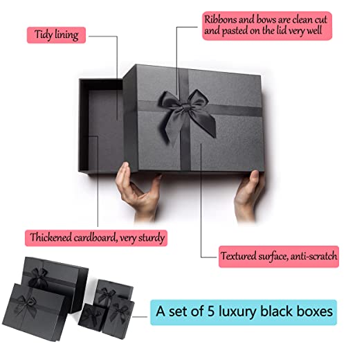 Eerbaier Gift Boxes with Lids for Presents, Set of 5 Black Gift Boxes, Pre-warpped Nesting Boxes for Gifts, Luxury Gift Bo...