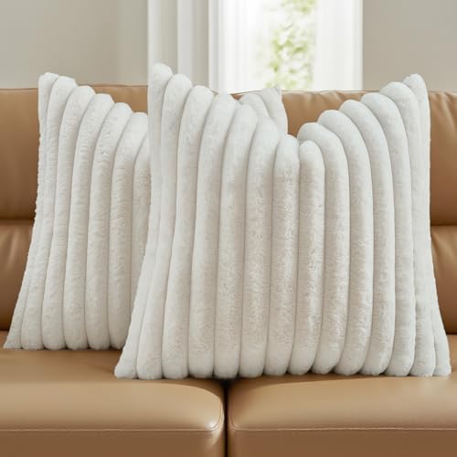FUTEI Pack of 2 Solid Faux Fur Plush Throw Pillow Covers 18x18 Inch Soft Fluffy Striped Decorative Cushion Cases Modern Fa...
