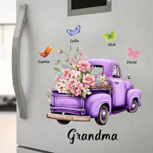 Grandma Pink Floral Truck Butterflies Decal, Personalized Grandma Flower Truck Car Sticker, Custom Pink Butterfly Floral D...