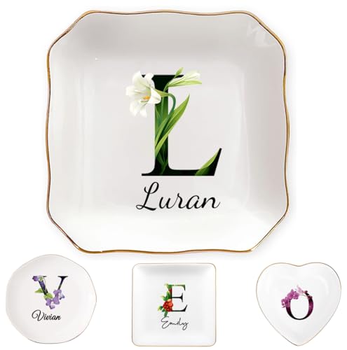 KeenlyMade Custom Ceramic Ring Dish, Personalized Jewelry Tray with Initial, Earrings Necklaces Bracelet Watch Keys Trinke...