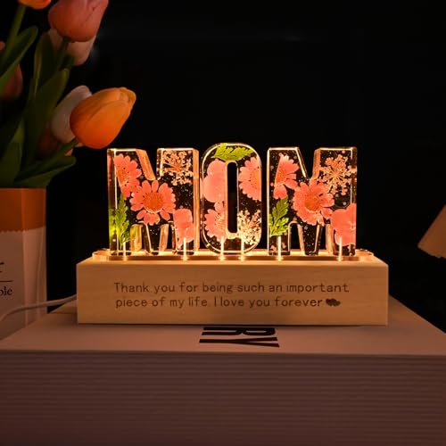 Britrio Gift for Mom Dry Flower Night Light Lamp for Mother's Day Gift from Son Daughter Dried Pressed Flower Letter Led L...