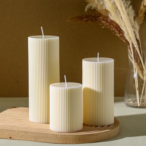 Conelist Ribbed Pillar Candles Set of 3, Width 3" High 4" 6" 8" Large Soy Wax Orchids Scented Pillar Candles Aesthetic Rib...