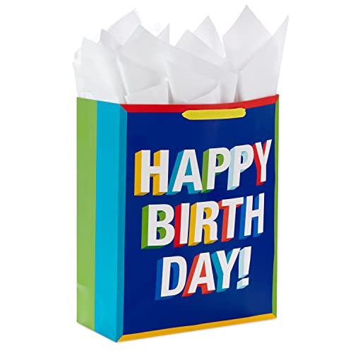 Hallmark 15" Extra Large Birthday Gift Bag with Tissue Paper (Happy Birthday, Red, Blue, Yellow, Green) for Kids, Teacher...