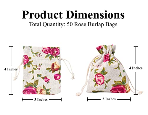 Mandala Crafts 3X4 Inch Mini Rose Burlap Drawstring Gift Bags for Favors - 50 Tiny Floral Linen Sacks Gift Pouches for Can...