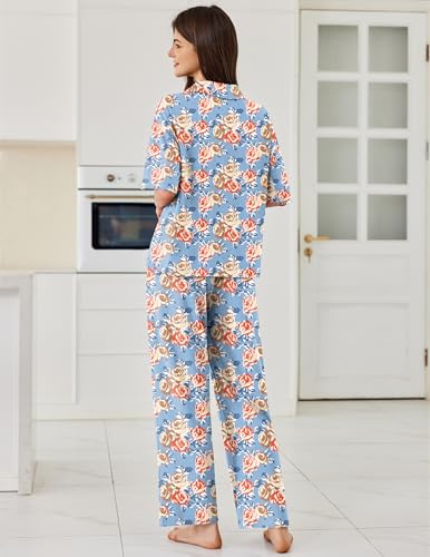 Ekouaer Women Pajamas Set Button Down Sleepwear Short Sleeve Pjs Soft Comfy Nightwear with Long Pants S-XXL