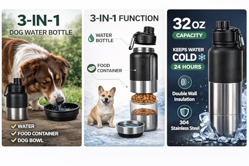 Portable Dog Water Bottle with Built-in Bowl, Leakproof Pet Travel Water Dispenser, 32oz Stainless Steel Dog Water Bottle ...