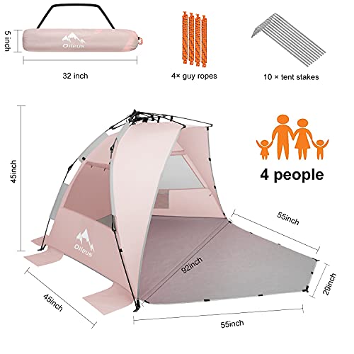 Oileus X-Large 4 Person Beach Tent Sun Shelter - Portable Sun Shade Instant Tent for Beach with Carrying Bag, Stakes, 6 Sa...