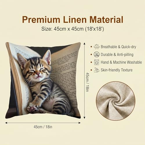 avpdupu Cat Pillow Cover 18x18 Inch Square Linen - Cute Animal Pillow Cover with Adorable Cat Design, Soft Decorative Thro...